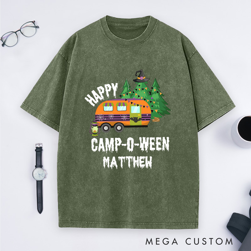 Personalized Happy Camper Halloween Washed T-Shirt Outdoor Camping Adventure Shirt Halloween Gift for Hiking
