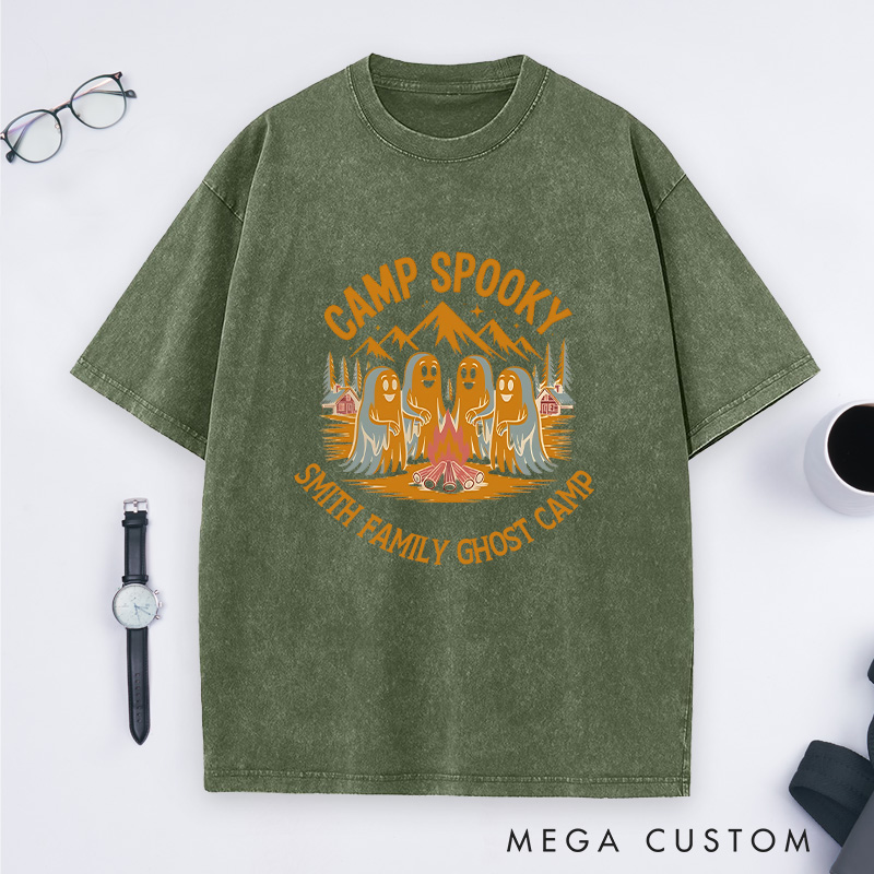 Personalized Camp Spooky Washed T-Shirt Ghostly Camping Shirt Halloween Gift for Outdoor Adventures