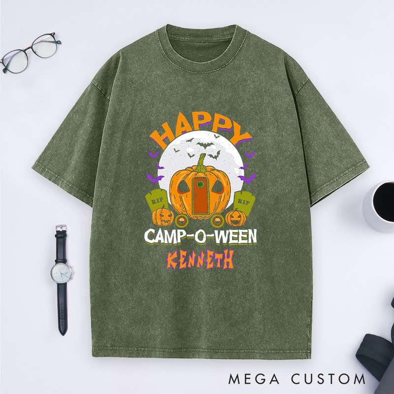 Personalized Happy Camp Halloween Washed T-Shirt Halloween Camping Shirt Gift for Outdoor