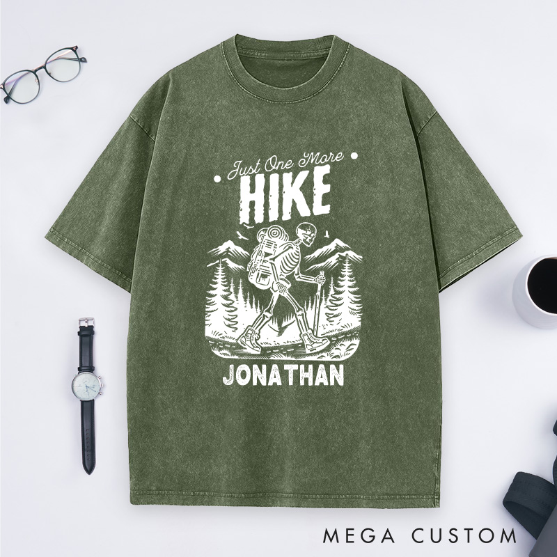 Personalized Just One More Hike Washed T-Shirt Skeleton Adventure Shirt Halloween Gift for Outdoor