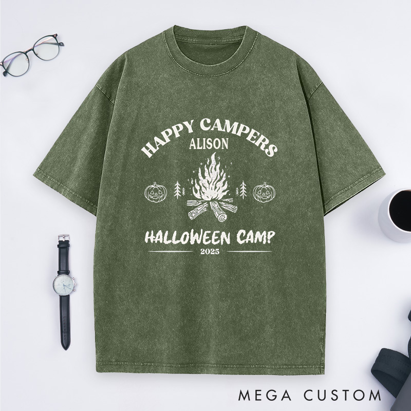 Personalized Halloween Happy Campers Washed T-Shirt Outdoor Bonfire Shirt Halloween Gift for Hiking
