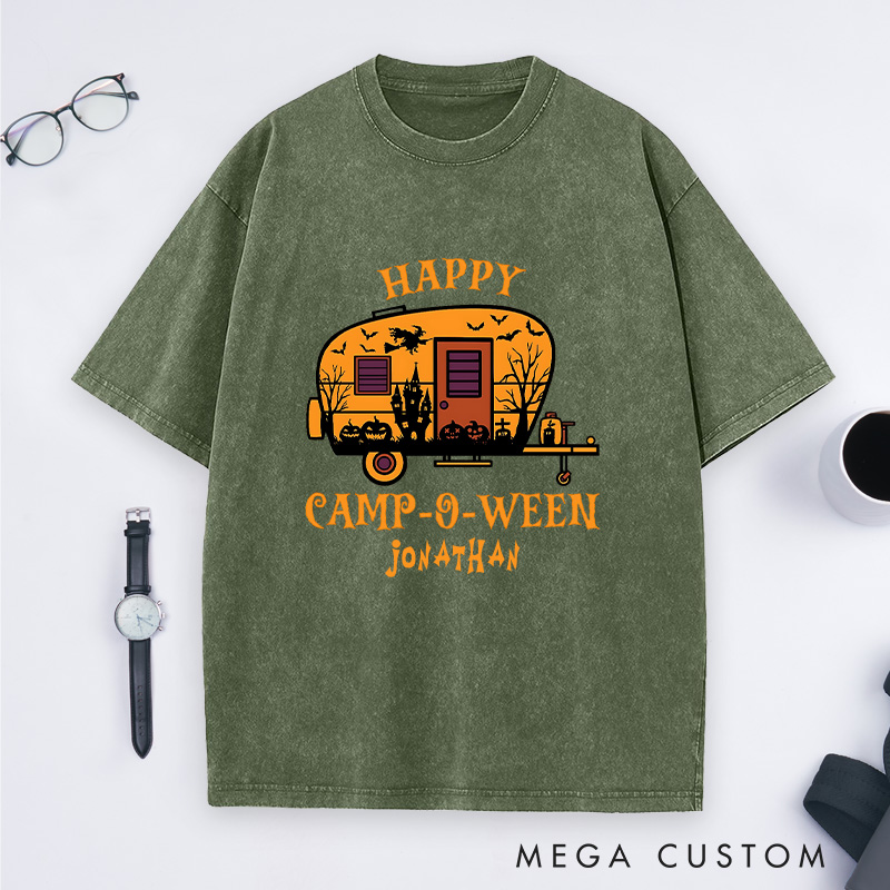 Personalized Halloween Camping Adventure Washed T-Shirt Happy Halloween Shirt Gift for Outdoor
