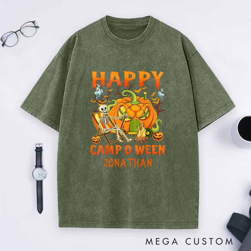 Personalized Camper Halloween Washed T-Shirt Skeleton Camping Car Pumpkin Shirt Halloween Gift Outdoor