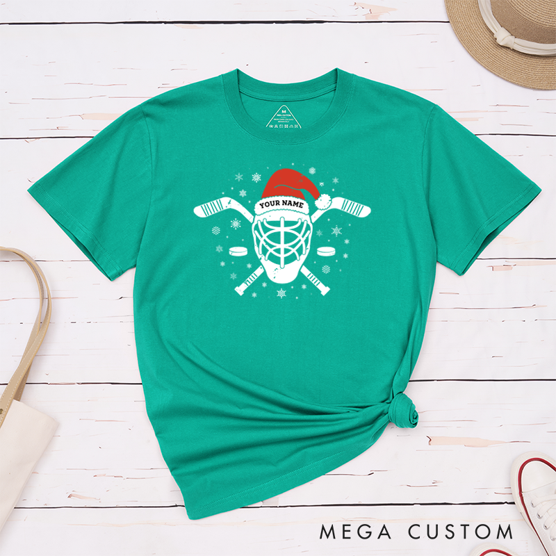 Personalized Hockey T-Shirt with Custom Name and Festive Santa Hat Design