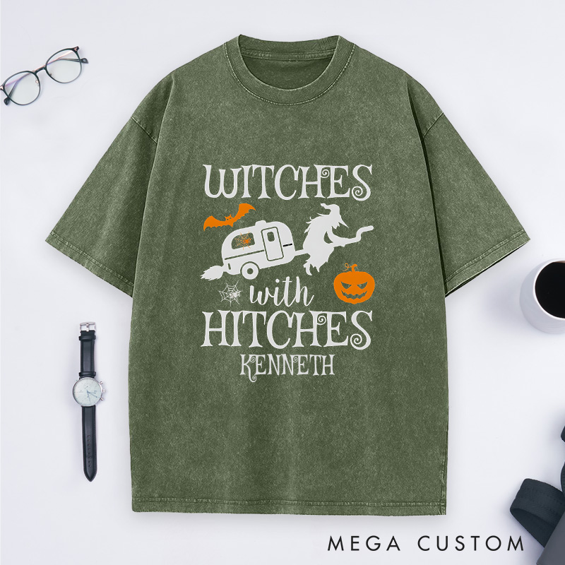Personalized Witches with Hitches Washed T-Shirt Campers Life Lovers Shirt Spooky Pumpkin Shirt Halloween Gift Outdoor