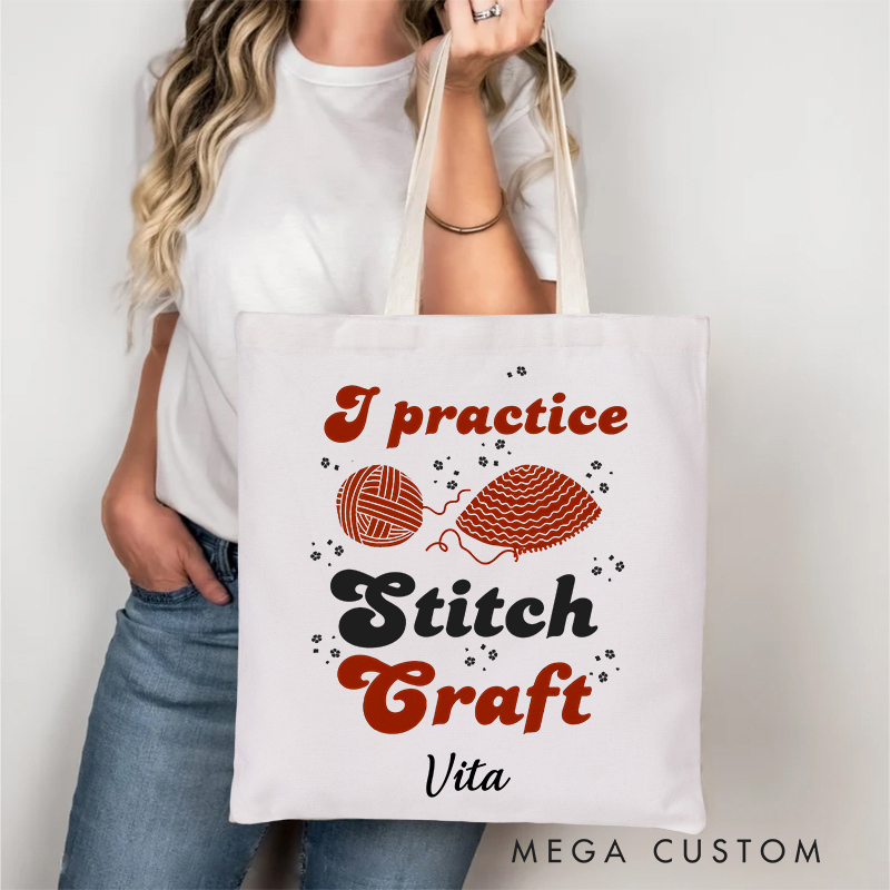 Personalized I Practice Stitch Craft Tote Bag Gift for Crocheting Lovers Funny Gift for Halloween