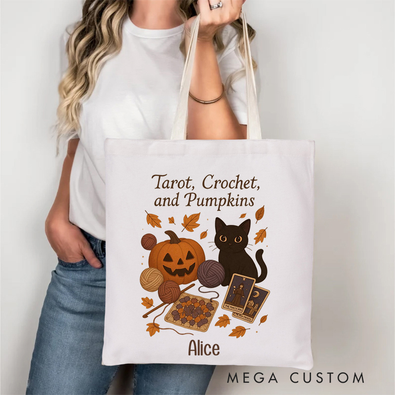 Personalized Tarot Crochet and Pumpkins Tote Bag Halloween Gift for Crocheting Lovers Funny Gift for Her