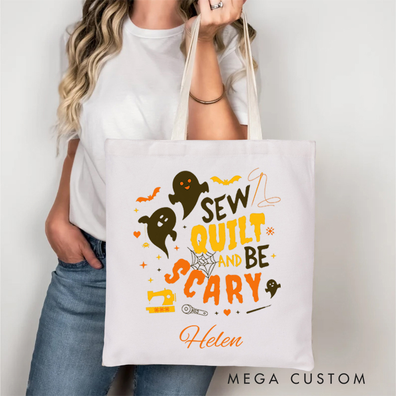 Personalized Sew Quilt and Be Scary Tote Bag Gift for Sewing Lovers Halloween Gift for Quilters