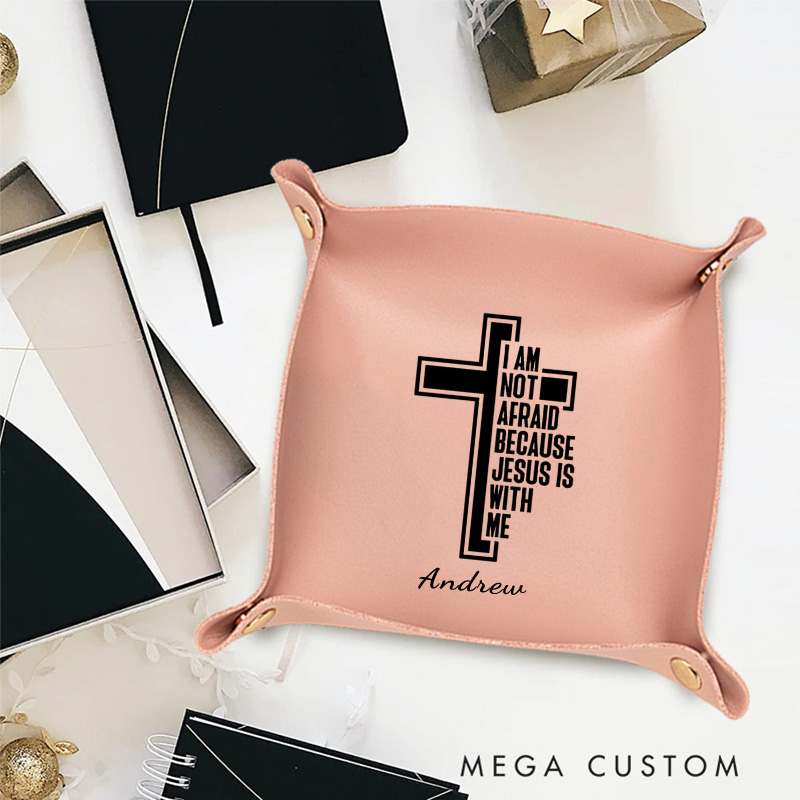 Personalized Jesus is with me Cross Foldable Leather Catchall Snap Tray with Name Desktop Storage Religious Gift Birthday Gift for Christian