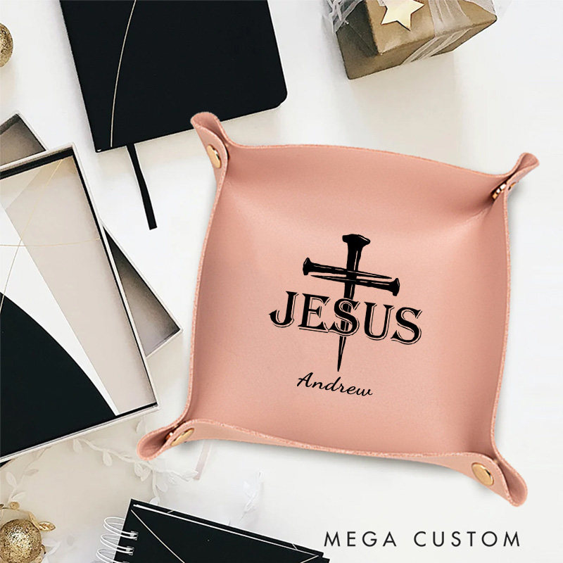 Personalized Nails Cross Foldable Leather Catchall Snap Tray with Name Desktop Storage Religious Gift Birthday Gift for Christian