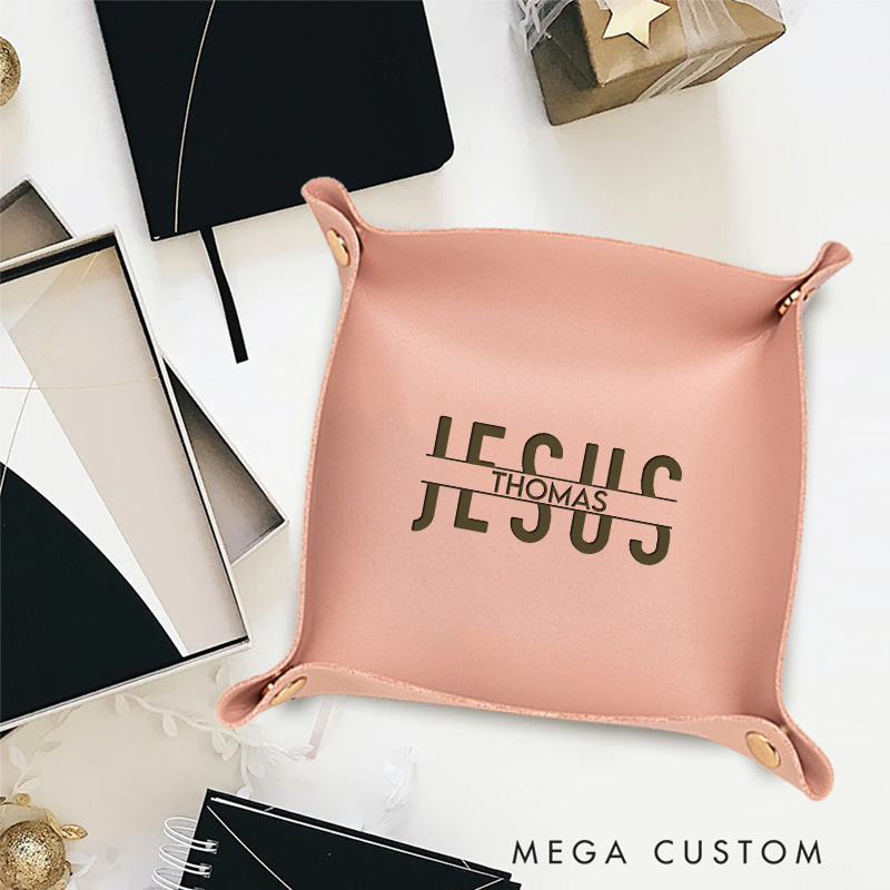 Personalized Jesus Foldable Leather Catchall Snap Tray with Name Desktop Storage Religious Gift Birthday Gift for Christian