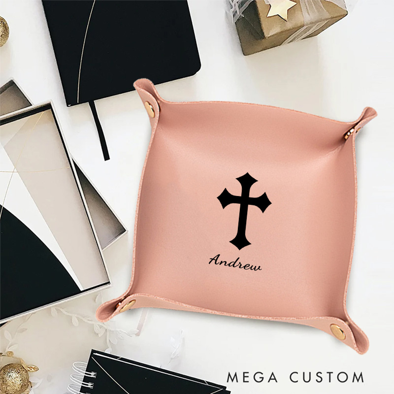 Personalized Classic Cross Foldable Leather Catchall Snap Tray with Name Desktop Storage Religious Gift Birthday Gift for Christian