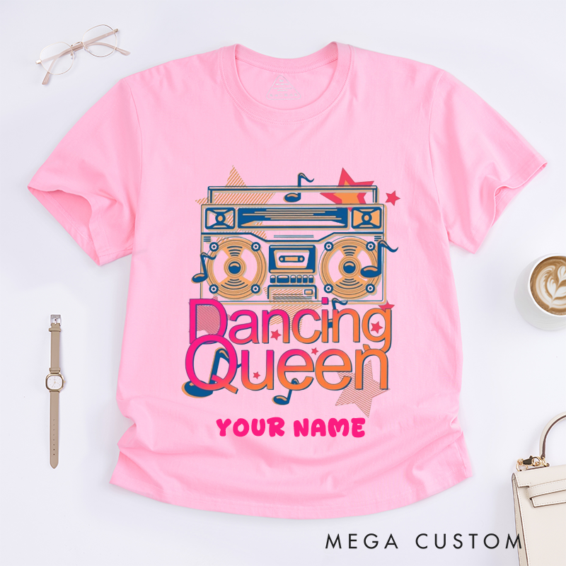 Personalized Retro Boombox Dancing Queen Graphic Womens T-Shirts Custom Name 80s Dance Lover Gift Unique Fun Dance Tee for Her