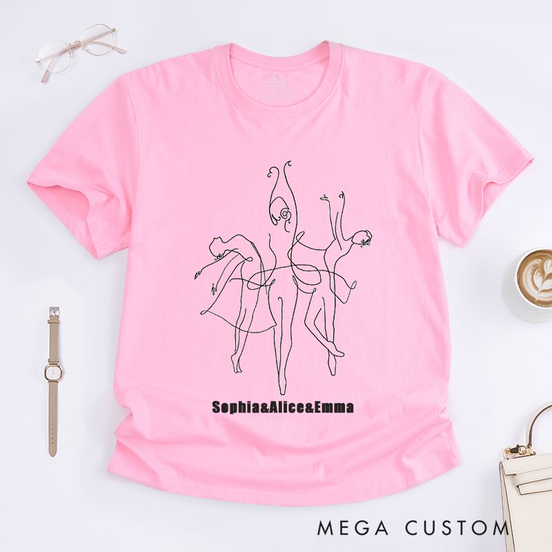 Personalized Ballet Dancers Line Art T-Shirts Custom Name Artistic Dance Outline Gift for Women Unique Minimalist Ballerina Drawing Shirt