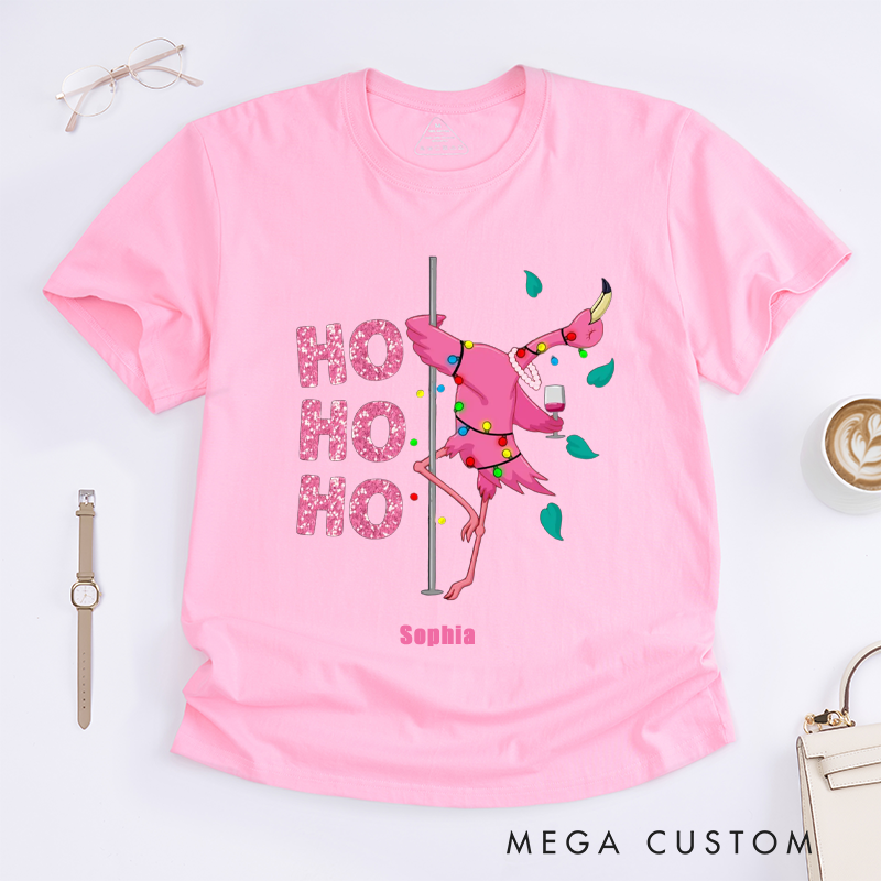 Personalized Funny Flamingo Dance T-Shirts Ho Ho Ho Design Unique Gift for Women Custom Name Tee for Her