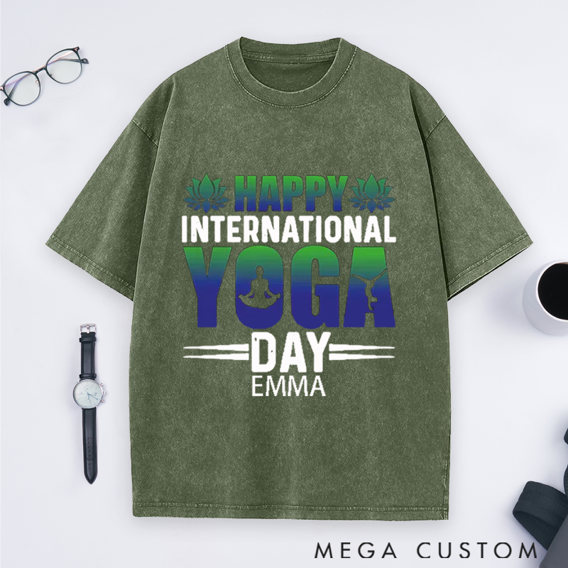 Personalized Yoga Washed T-Shirt with Happy International Yoga Day Design Perfect Gift for Yoga Lover