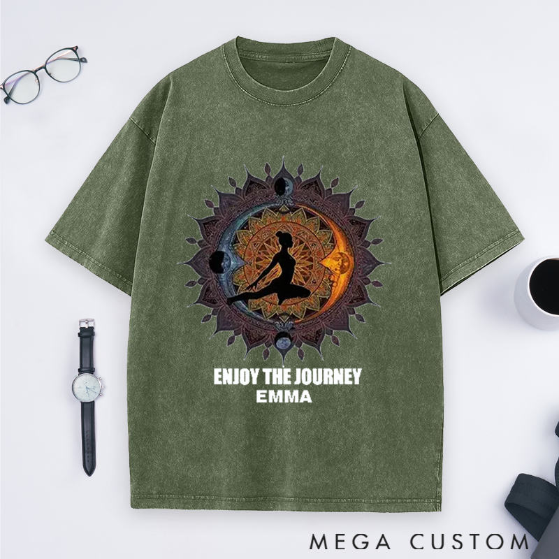Personalized Enjoy the Journey Quote Yoga Washed T-Shirt with Mandala and Silhouette Design Perfect Gift for Yoga Lover