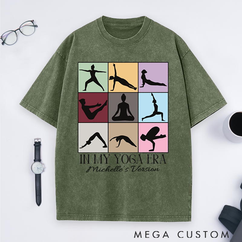 Personalized In My Yoga Era Theme Yoga Washed T-Shirt with Multicolor Yoga Pose Grid Design Perfect Gift for Yoga Lover
