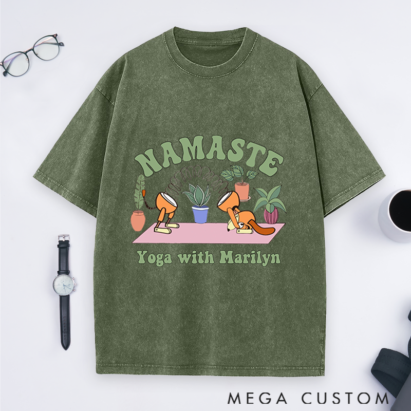 Personalized Yoga Washed T-Shirt with Namaste Theme and Cute Plant Design Perfect Gift for Yoga Lover