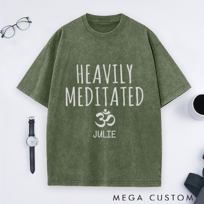 Personalized Yoga Washed T-Shirt with Heavily Meditated Design and Om Symbol Perfect Gift for Yoga Lover