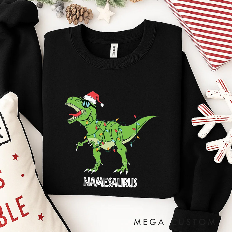 Personalized Namesaurus Christmas Classic Sweatshirt Dinosaurs Movie Series Crewneck Movie Holiday Shirt
