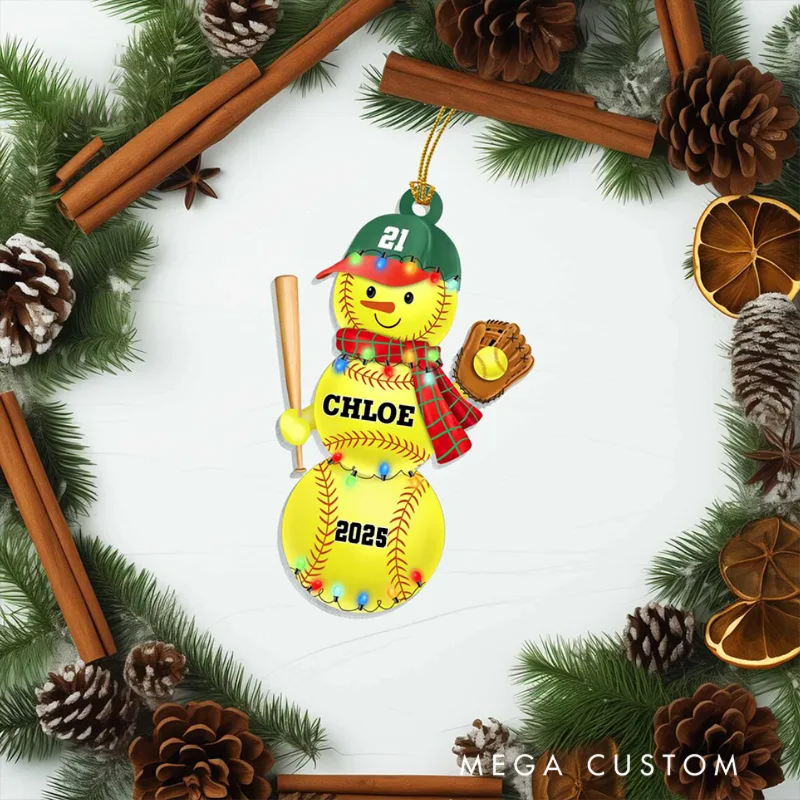 Personalized Softball Snowman Acrylic Ornament with Custom Name and Year