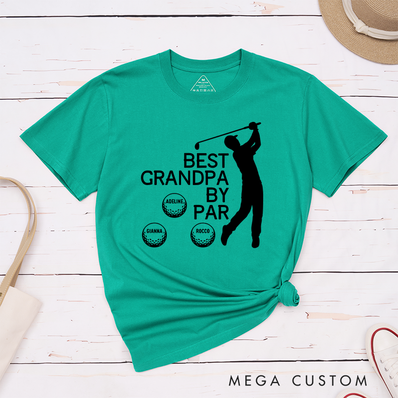 Personalized "Best Grandpa or Papa by Par" T-Shirt with Custom Grandkid Names, Perfect Gift for Golf-Loving Grandpas and Papas
