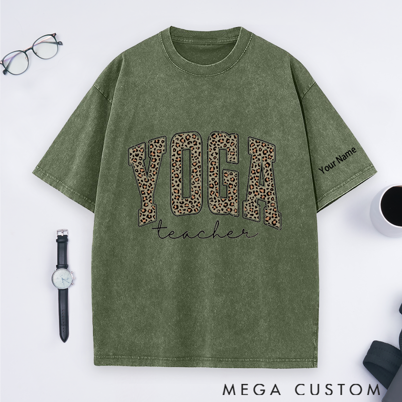 Personalized Yoga Teacher Washed T-Shirt with Leopard Print YOGA Design Perfect Gift for Yoga Lover