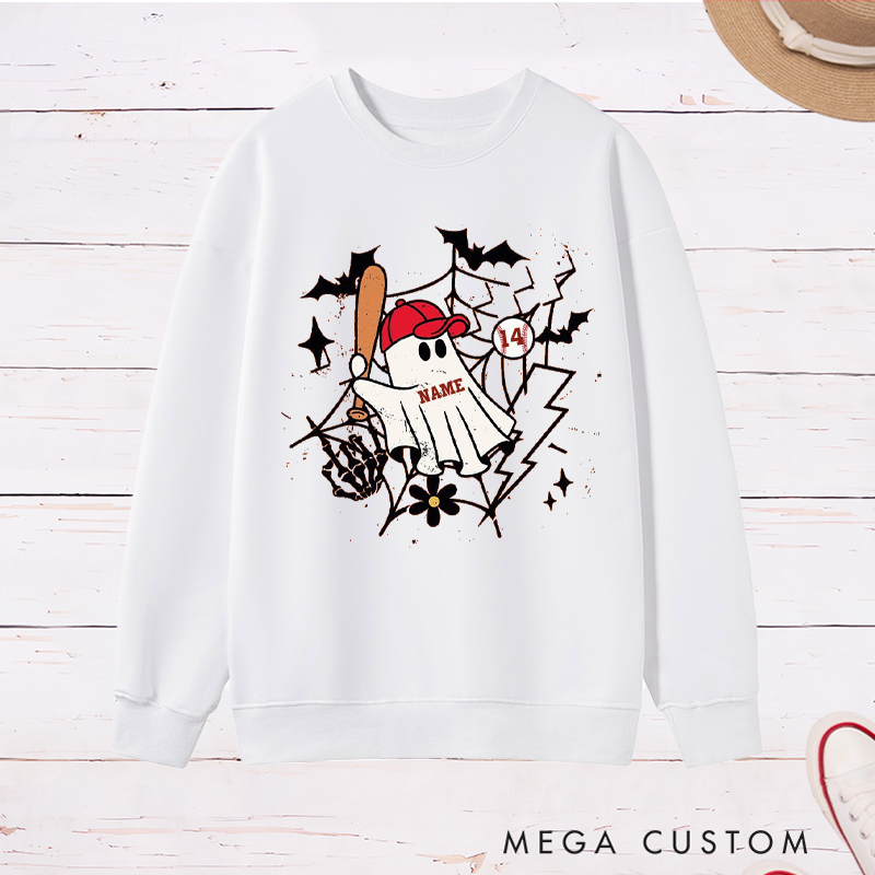 Personalized Halloween Ghost Baseball Sweatshirt with Custom Name and Number 