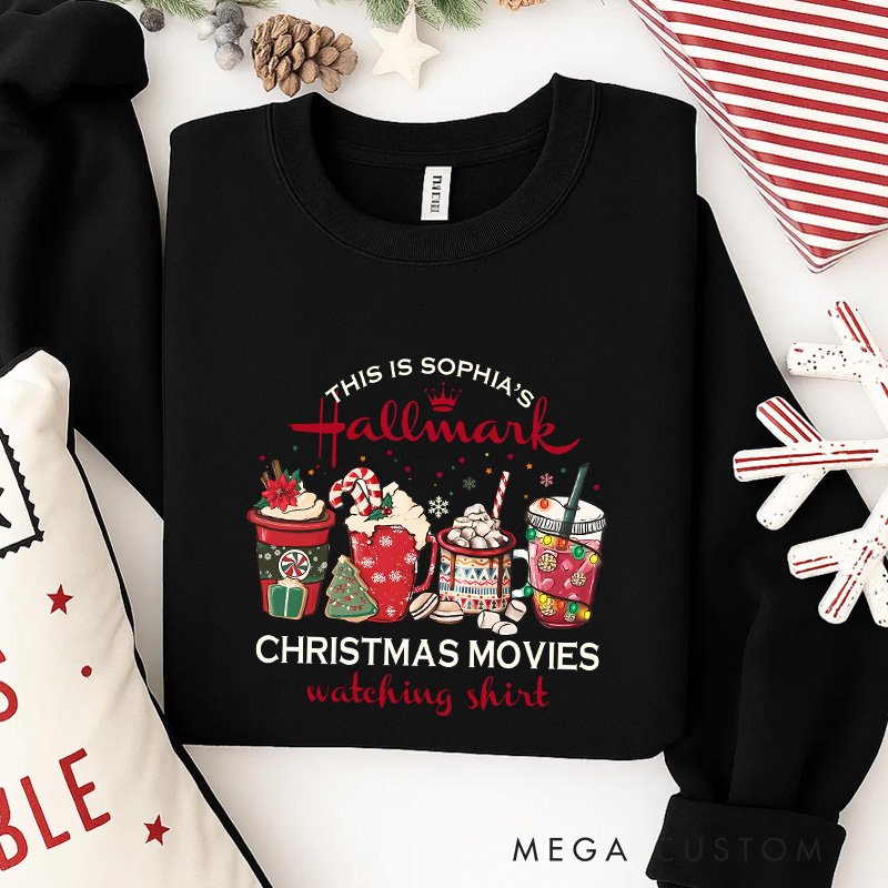 Personalized Coffee Christmas Movie Watching Shirt Classic Sweatshirt Christmas Film Crewneck Movie Holiday Shirt