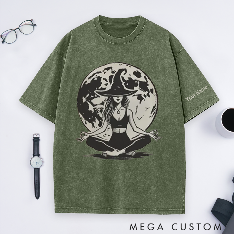 Personalized Witchy Yoga Washed T-Shirt with Mystic Moon and Meditating Witch Design Perfect Gift for Yoga Lover and Halloween