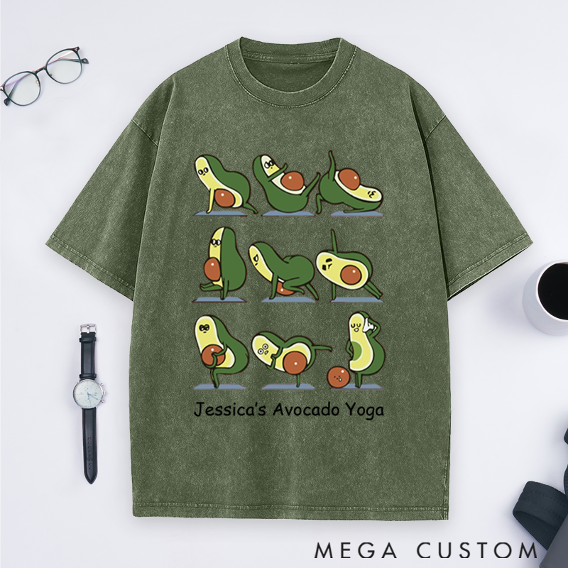 Personalized Avocado Yoga Washed T-Shirt with Cute Avocado Poses Design Perfect Gift for Yoga Lover