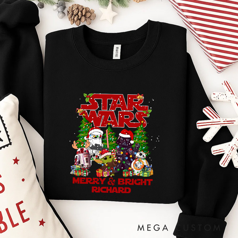 Personalized Merry and Bright Christmas Classic Sweatshirt Galaxy War Film Crewneck Movie Holiday Shirt