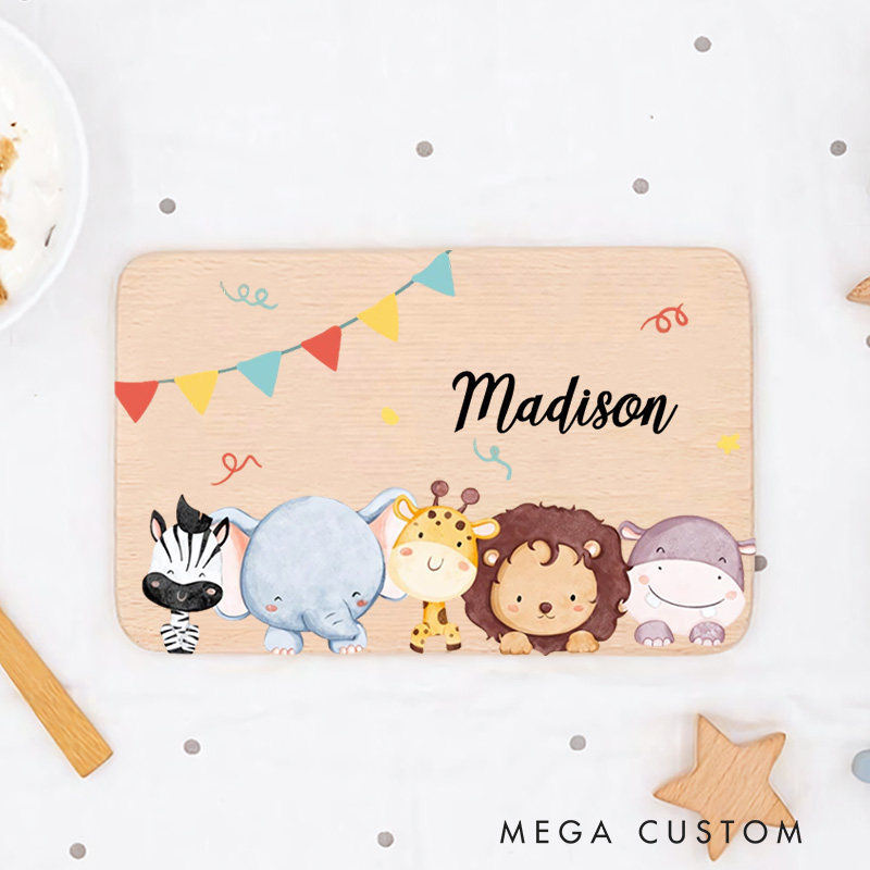 Personalized Safari Animals With Bunting Breakfast Board  Birthday Gifts