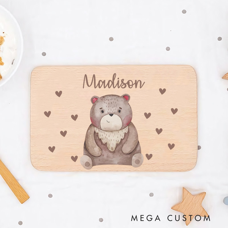Personalized Watercolor Bear With Hearts Breakfast Board Holiday Gifts