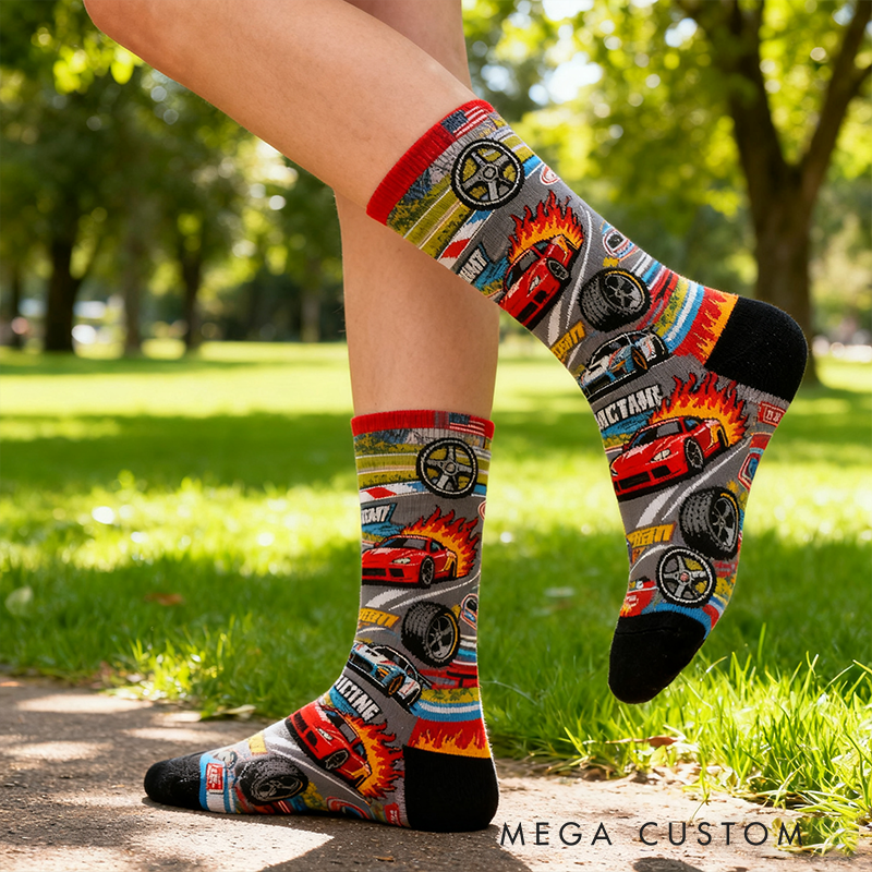 Personalized Racing Themed Socks Custom Name Funny Cotton Gift for Motorsport Fans Racing Socks Gift