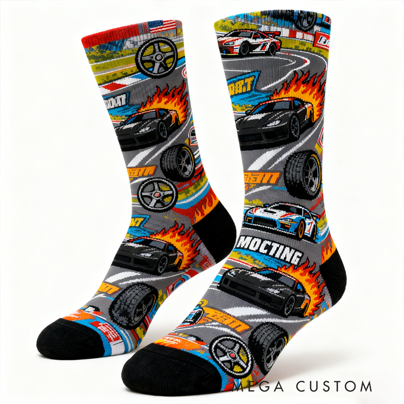 Personalized Racing Themed Socks Custom Name Funny Cotton Gift for Motorsport Fans Racing Socks Gift
