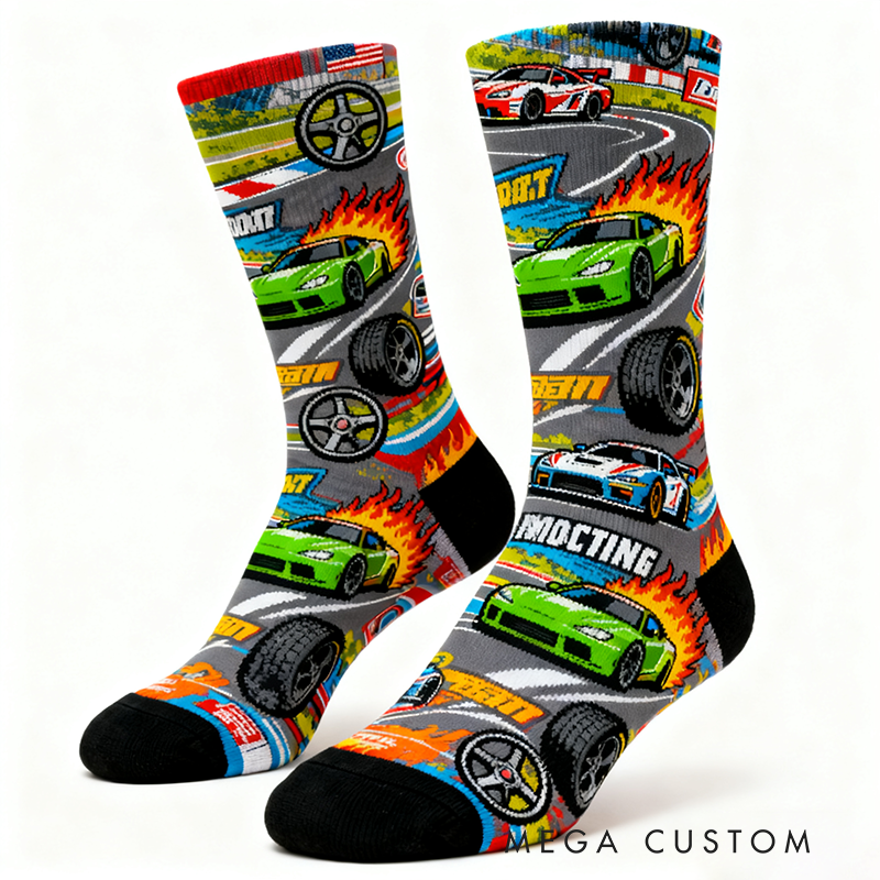 Personalized Racing Themed Socks Custom Name Funny Cotton Gift for Motorsport Fans Racing Socks Gift