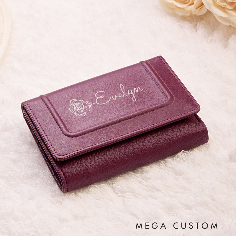 Personalized Leather Wallet For Her Birth Flower Wallet with Name Engraved Wallet For Women Leather Purse Birthday Gift For Her Gift For Mother Bridesmaid Gift Christmas Gift