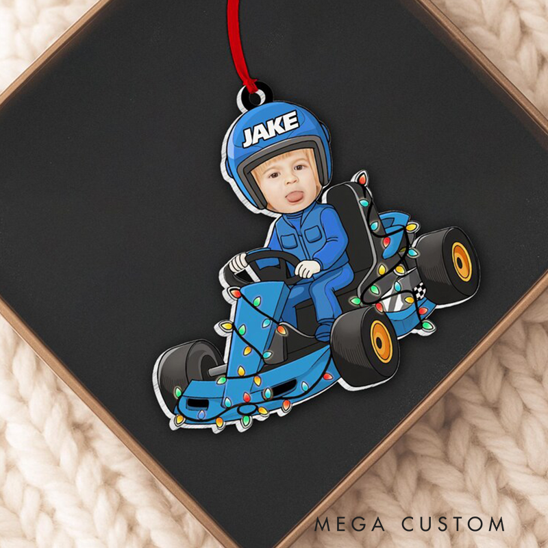 Personalized Kids Photo Ornament 2025 Custom Face Go Kart Racer Funny Christmas Gift for Boy