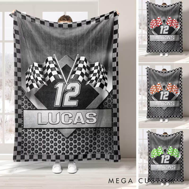 Personalized Racing Blanket Custom Name Number Soft Cozy Sherpa Fleece Throw Blankets Sport Gift