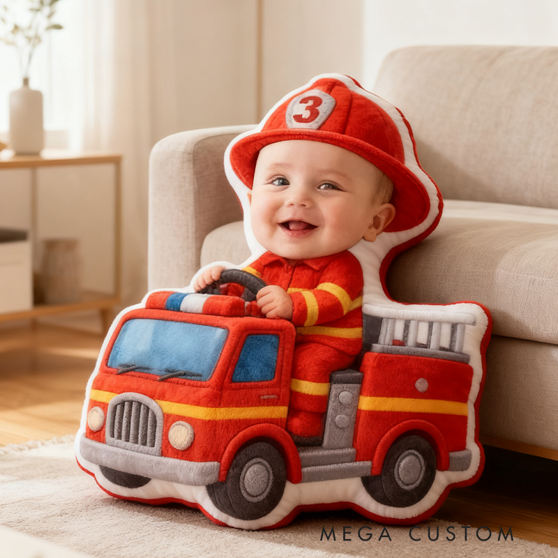 Custom Firetruck Pillow Personalized with Your Baby's Face Pillow Firefighter Gift
