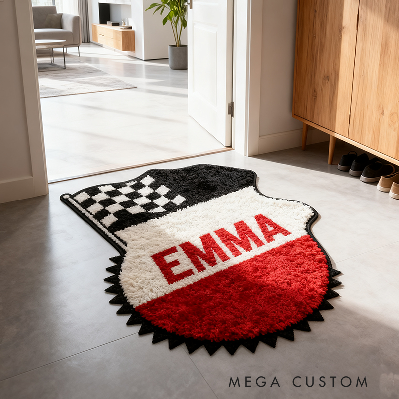 Personalized Racing Badge-Shaped Rug with Name Custom Name Racer Speed Rugs Xmas Gift