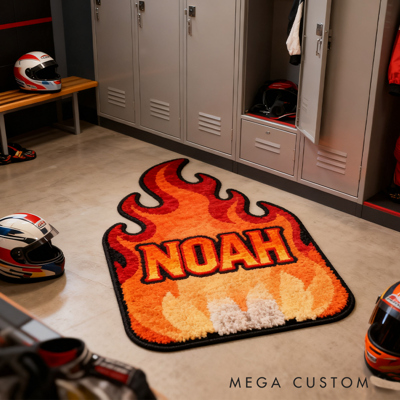 Personalized Flame Themed Rug with Name Custom Racer Speed Rugs Xmas Gift