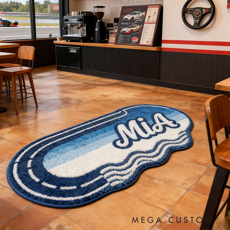 Personalized Blue Racetrack Rug with Name Custom Racer Speed Rugs Xmas Gift