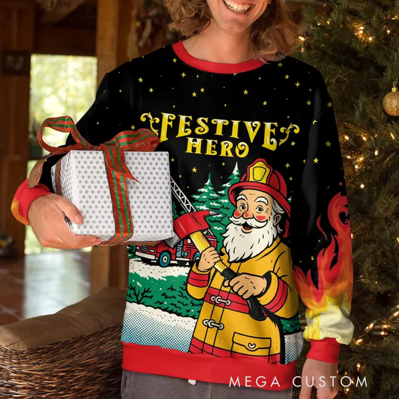 Personalized Christmas Firefighter Ugly Sweater Fireman Xmas Sweater Firefighter Ugly Christmas Sweater Fire Department Sweater For Men