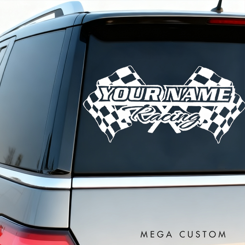 Personalized Racing Name with Checkered Flags Decal Sticker for Vehicles Custom Crew Car Decal Sticker