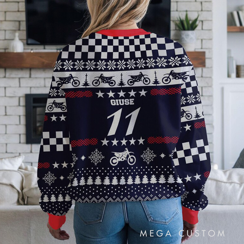 Personalized Motocross American Flag Christmas Ugly Sweatshirt Custom Name and Number Ugly Sweater Xmas Gift for  Motorcyclist