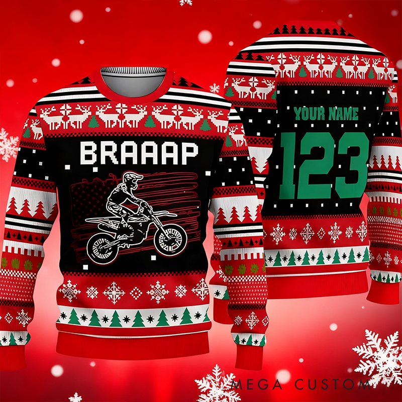 Personalized Motocross American Flag Christmas Ugly Sweatshirt Custom Name and Number Ugly Sweater Xmas Gift for  Motorcyclist