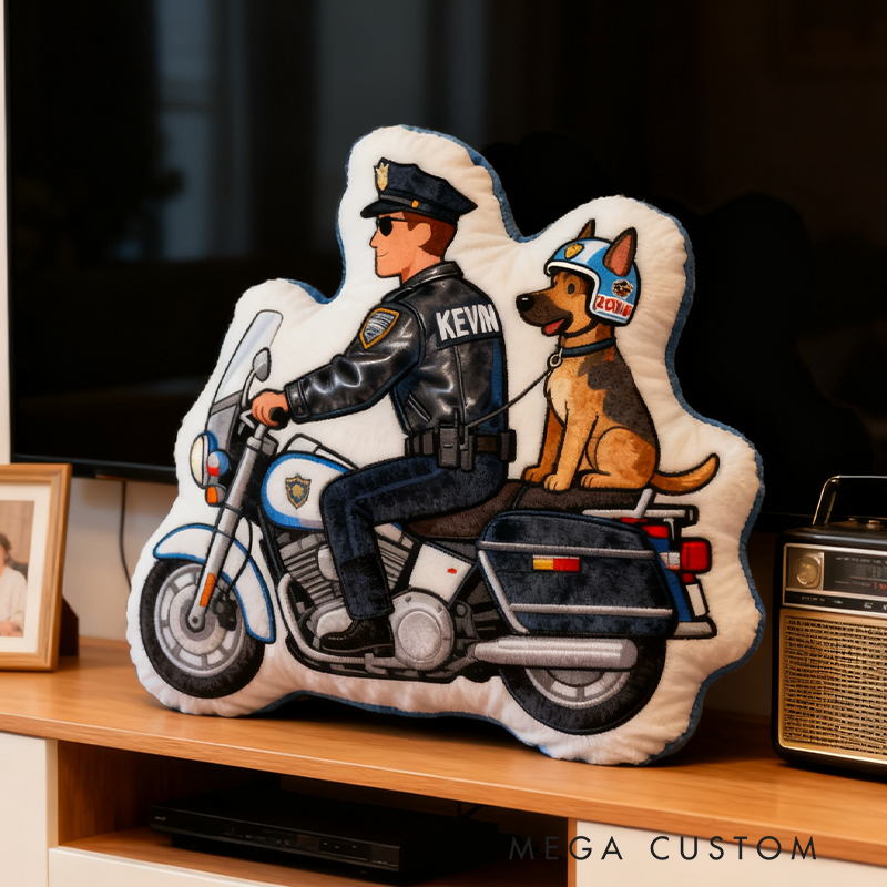 Personalized Police Motorcycle Officer and Dog Plush Pillow Custom Name Graphic 3D Print Pillow 